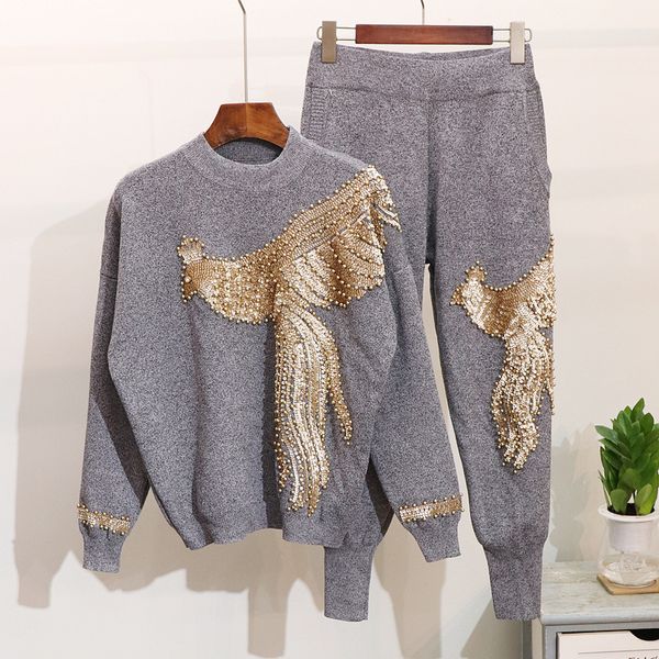 

2018 winter knitted tracksuit women pearls phoenix sweater+ knit pants black gray set women two piece set 2pcs sets