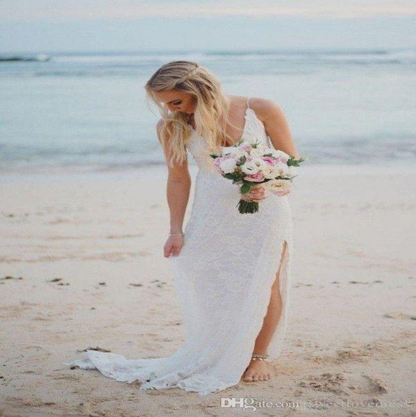 

elegant leg split deep wedding dresses v neck lace appliques sleeveless backless long summer beach bridal gowns, White