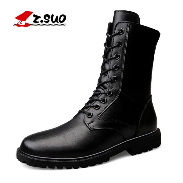 

zsuo winter men big size leather boots male zip tactical combat shoes fashion fur warm army outdoor work snow footwear, Black
