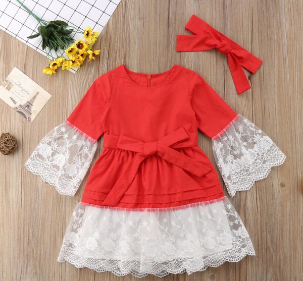 

fashion newborn kids baby girl princess lace flare sleeve dress headband red ball gown dresses outfit clothes, Red;yellow