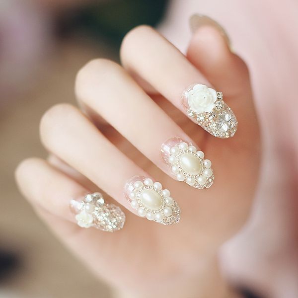 

24pcs big pearl wedding manicure rhinestone glitters flower decoration long fake false acrylic sticker nail tip with glue sticke, Red;gold