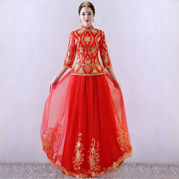 

red wedding bride chinese style cheongsam traditional lady long qipao embroidery women's evening dress marry clothes s - xxxl