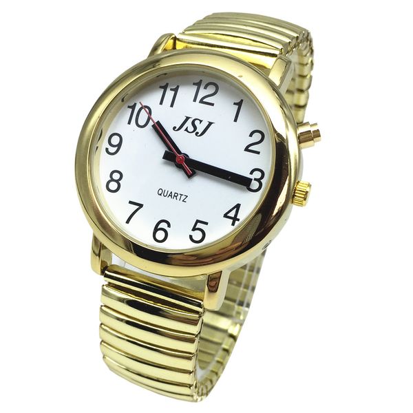 

french talking watch for blind people or the elderly and visually impaired with alarm of quartz, golden color, white face, Slivery;brown