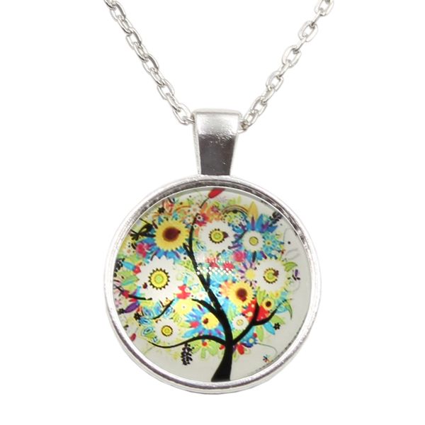 

new brand jewelry peace world tree charming glass cabochon silver plated long pendant necklace for women gift