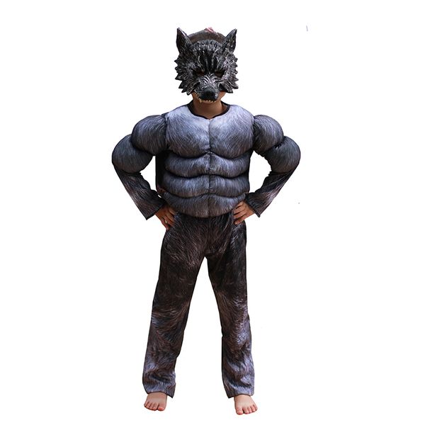 

kids halloween cosplay costumes wolf suits children school performance clothing props muscle werewolf cosplay clothes kids gifts, Black;red