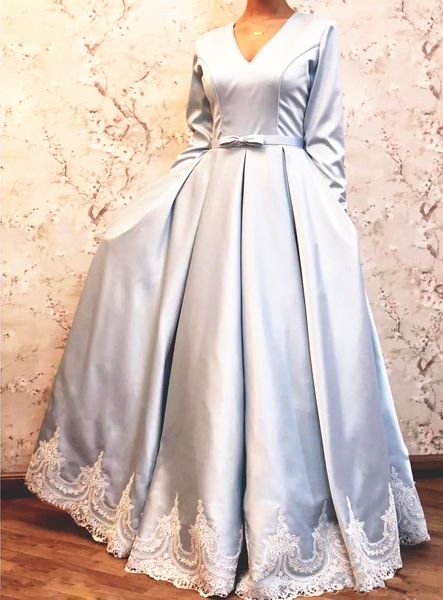 

modest design long sleeve prom dresses v neck small bow belt lace satin a line floor length evening gowns 2019 winter party dresses, Black