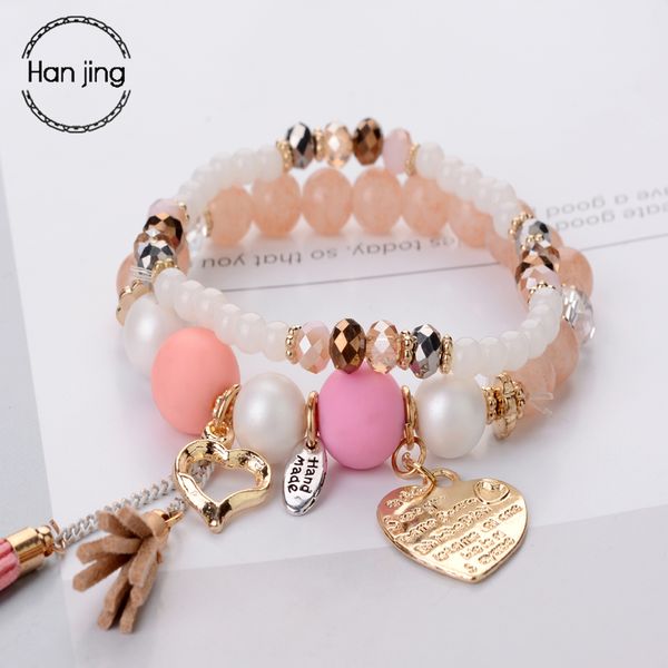 

fashion imitation pearl bracelets bangles for women multilayer beads charm rose gold heart bracelet set femme boho jewelry gift, Golden;silver
