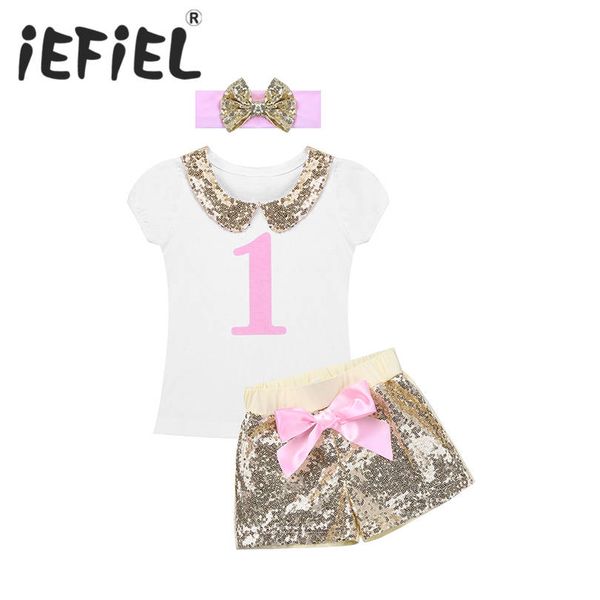 

iefiel infant baby girls short sleeves letter one 1st first birthday party outfit newborn romper with sequined shorts party set, White