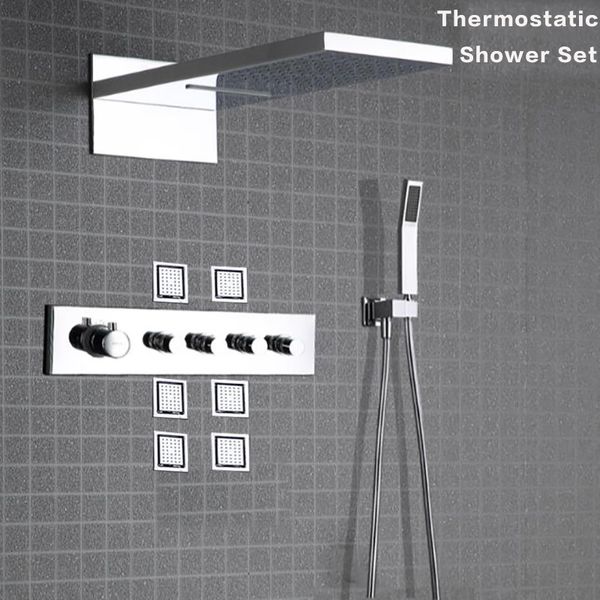 

luxury bathroom faucet waterfall shower big rain wall mounted tub shower heads set thermostatic faucets massage spa body jets