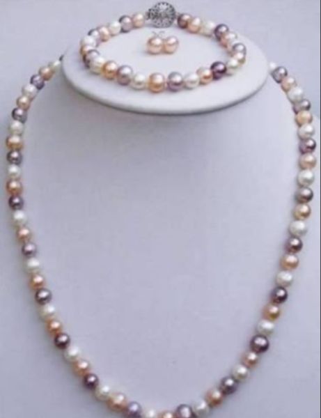 

new fashion 7-8mm multi color pearl necklaces18" bracelets7.5"earrings set, Black
