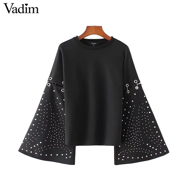 

vadim women flare sleeve loose sweatshirts studded oversized o neck black pullovers autumn female casual lt2203