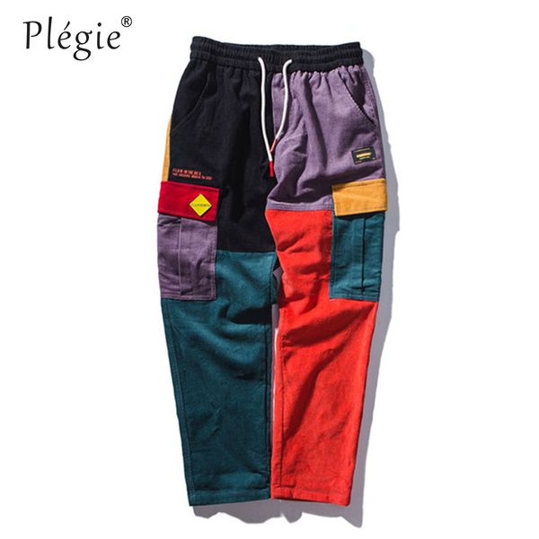 

plegie mens corduroy color block patchwork pockets cargo harem pants 2018 harajuku hip hip cotton jogger pants trousers, Black