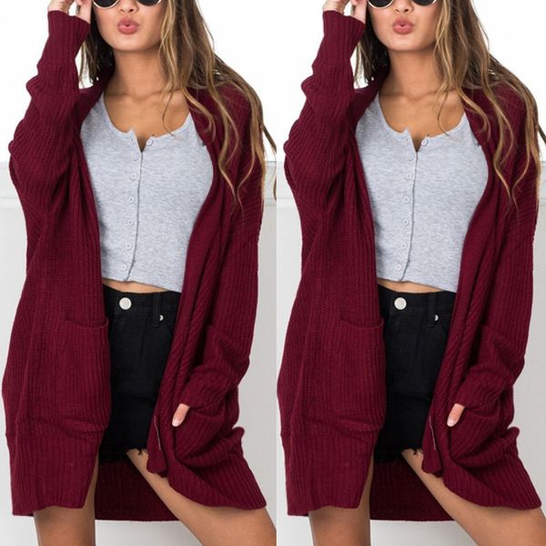 

new spring autumn long sleeve solid v-neck long knitted cardigans pockets casual warm fashion elegant ladies tees 6q2028, White;black