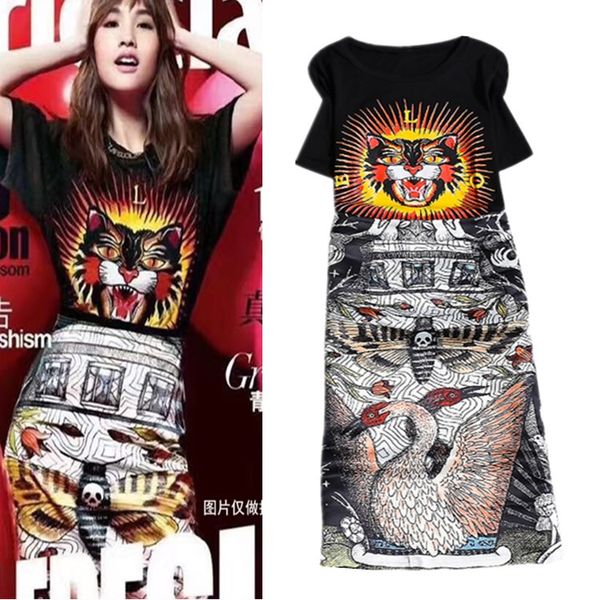 

2018 runway clothing sets vintage pattern printing black tees and slim eleretro skirts 2 piece set suit party dy330, White;black