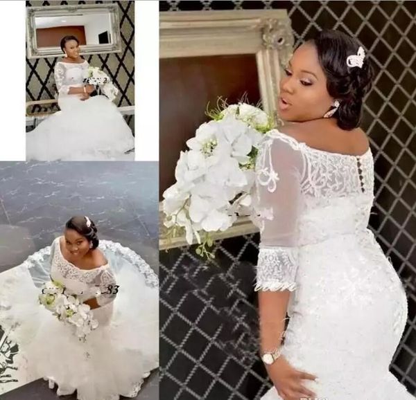 

african mermaid wedding dresses off the shoulder appliqued lace plus size wedding dress covered button custom made robe de mariee, White