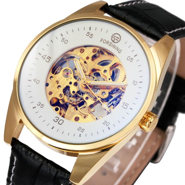 

forsining fashion skeleton automatic mechanical watches men blue-ray mirror leather strap male wristwatch, Slivery;brown