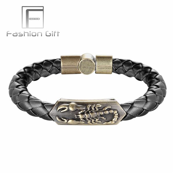 

whole salepunk animal bracelets bronze scorpion pattern black brown leather cuff bangles for men women magnetic buckle bracelet jewelry, White