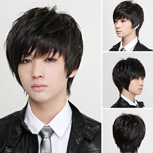 

gt;>>2018 korean fashion handsome men's short black human hair wig, Black;brown