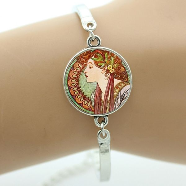 

mucha painting girl and lily flower bracelets fashion elegant bracelet blangles girls women gifts jewelry ns389, Black