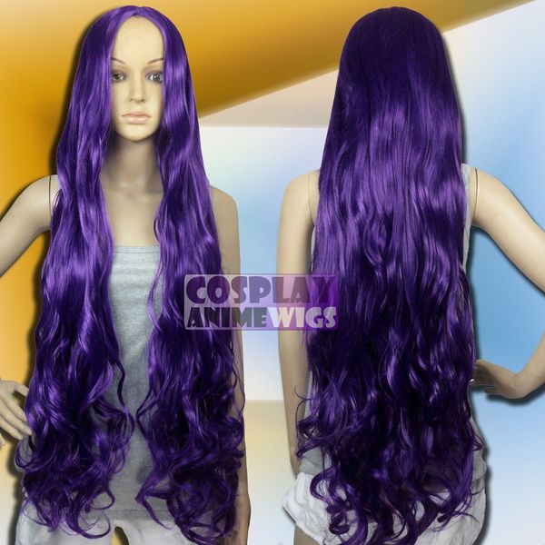 

100 cm dark purple heat styleable no bang long wavy cosplay wigs, Black