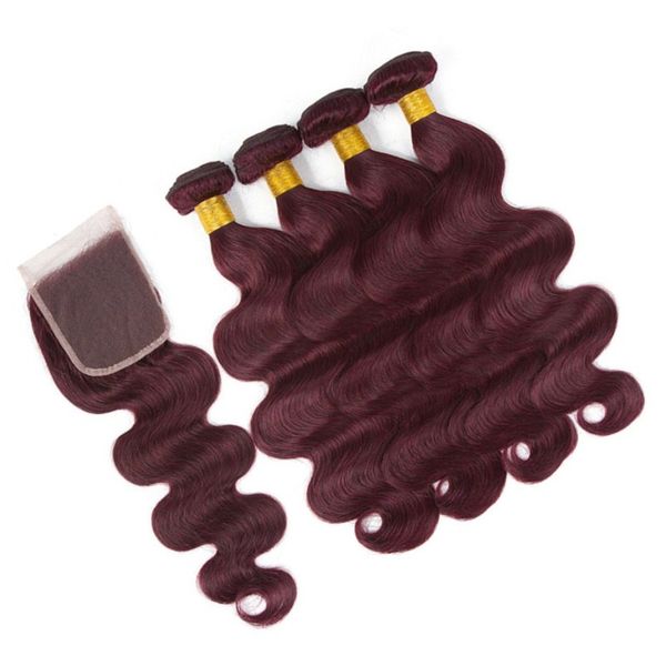 

body wave #99j wine red virgin hair 4bundles with closure 5pcs lot burgundy 4x4 lace front closure with weaves brazilian human hair wefts, Black;brown