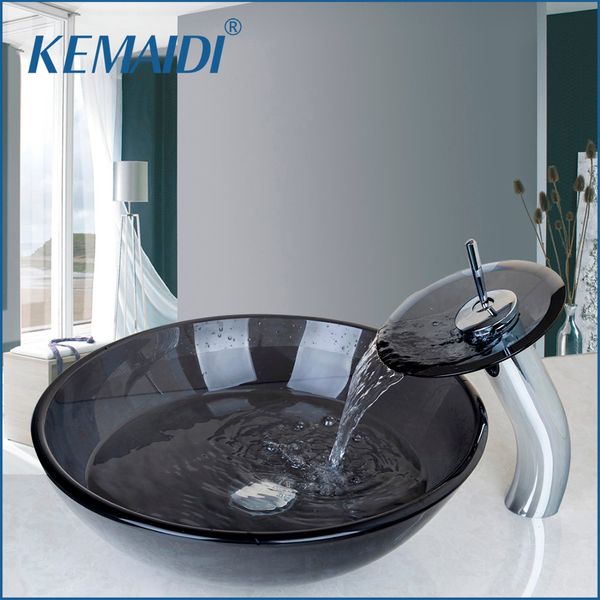 Acheter Kemaidi Verre En Verre Robinet De Robinet Bol Cascade Bec évier Rond Bassin De La Salle De Bains Mélangeur Deau Froide Deau Chaude Compteur