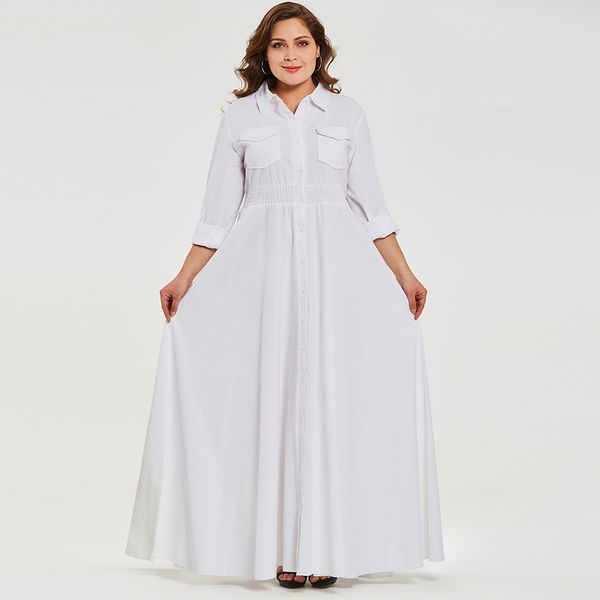 Women Autumn Casual White Long Dress Plus Size Elastic Waist Office Lady Cotton Maxi Dresses Pockets Button New Fashion Vestidos White Floral Sundress