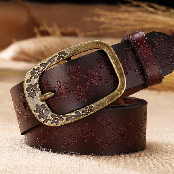 

2016 new vintage leather belt woman genuine cow skin fashion floral curved buckle belts for women top quality accessory, Black;brown