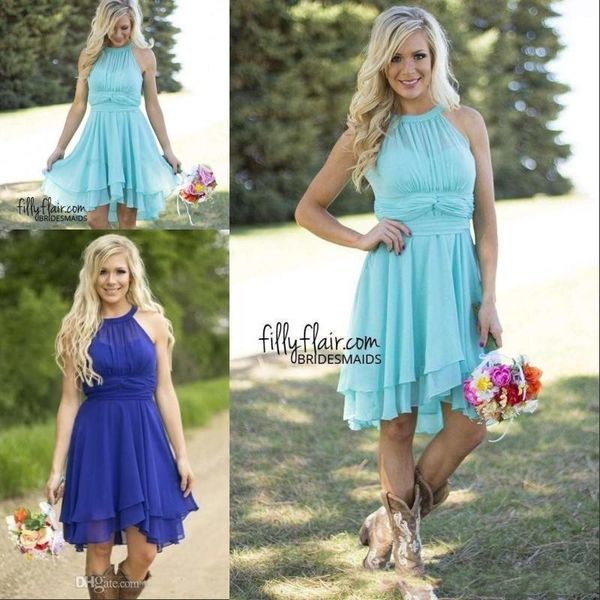 Summer Beach New Bohemian Kurzes billige Brautjungfernkleider Falten Royal Blue Watermelon Form Formalkleider Maid der Ehrenhochzeitsfeier Gastkleid 0505