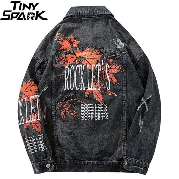 

hip hop vintage denim bomber jackets ripped holes maple lejeans jacket streetwear mens distressed denim jacket autumn 2018, Black;brown