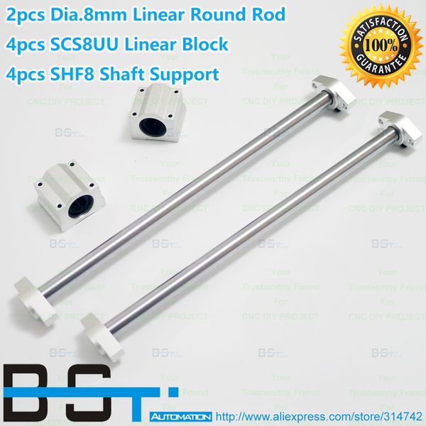 

linear rod 2pcs dia. 8mm linear round rail 100 200 300 400 500 600mm + 4pcs scs8uu slide block bearing +4pcs shf8 shaft support