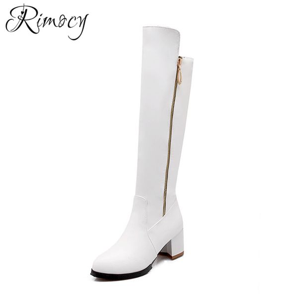 

rimocy botas mujer 2018 knee high boots ladies fashion solid white boots pu waterproof shoes woman platform flat heels booties, Black
