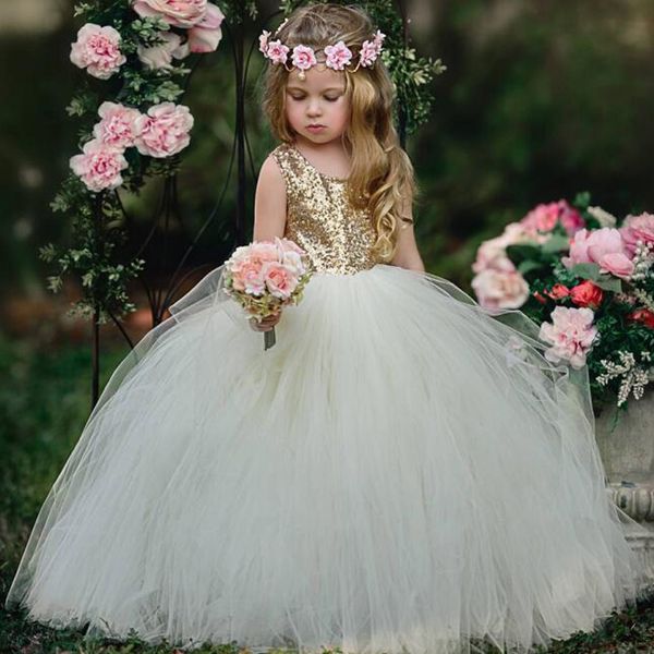 Küçük Kız Pageant elbise Sparkly Altın Sequins Korse Puf Tül Kat Uzunluk Çiçek Kız Örgün Törenlerinde Düğün Partisi için