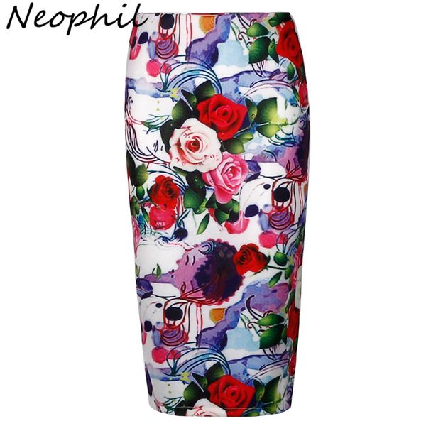 

neophil plus size 3xl fashion women floral print back split high waist wrap bodycon tube stretch midi pencil skirts saias s08008, Black