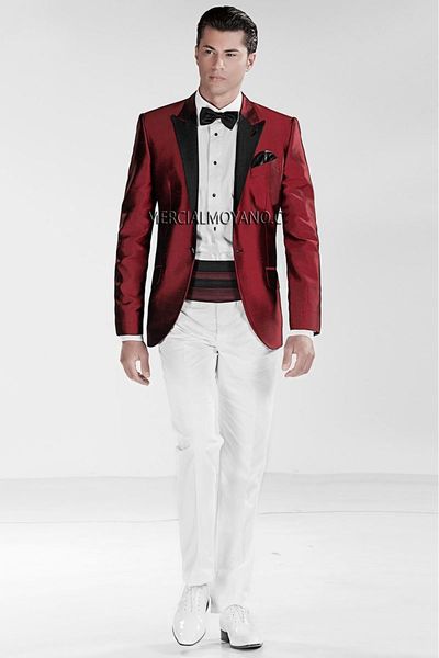 

brand new burgundy satin 2 piece suit men wedding tuxdos groom tuxedos with black peak lapel men blazer(jacket+pants+tie) 1214, Black;gray