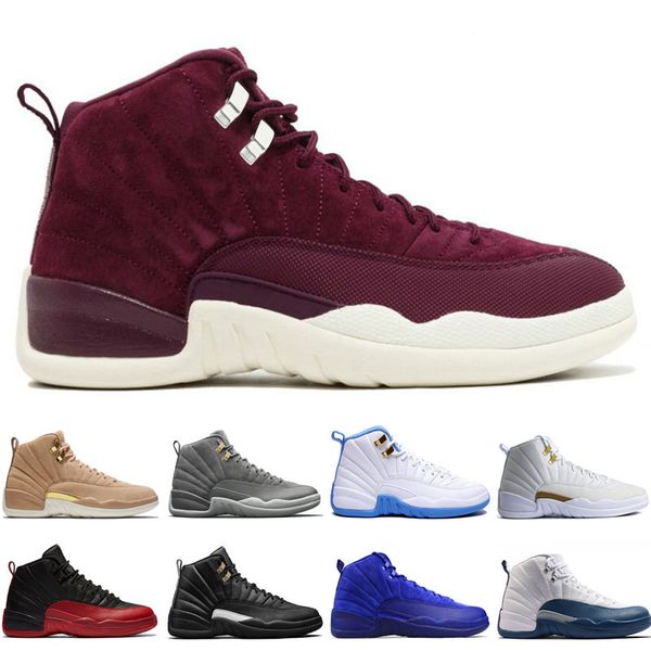 

12 12s mens basketball shoes wheat dark grey bordeaux flu game the master taxi playoffs university gamma french blue wool sports sneakers, White;red