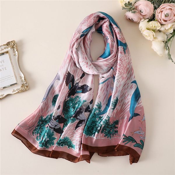 

2018 new silk scarf fashion fish and dolphin print women summer shawls and wraps hijabs big size beach stoles