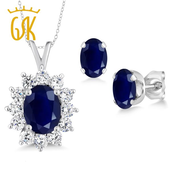 

gemstoneking 3.13 ct oval natural blue sapphire pendant earrings set solid 925 sterling silver gemstone jewelry set for women, Black