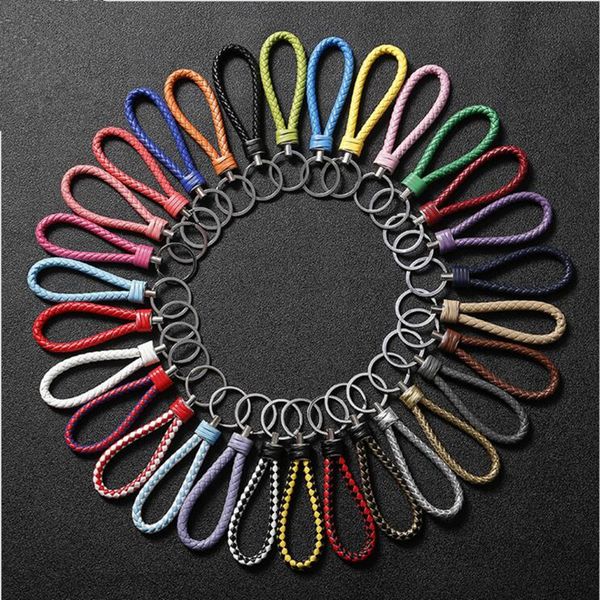 

fashion handmade pu leather wrist braided rope woven keychain car metal keyring key holder auto key chain charm accessory gifts, Silver