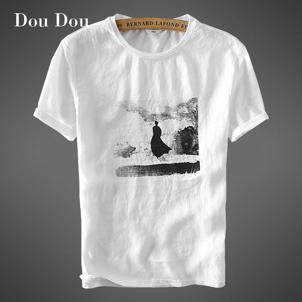 

dou dou 2018 new spring summer shirt men t shirts linen fashion slim stretch vintage printing short sleeve thin, White;black