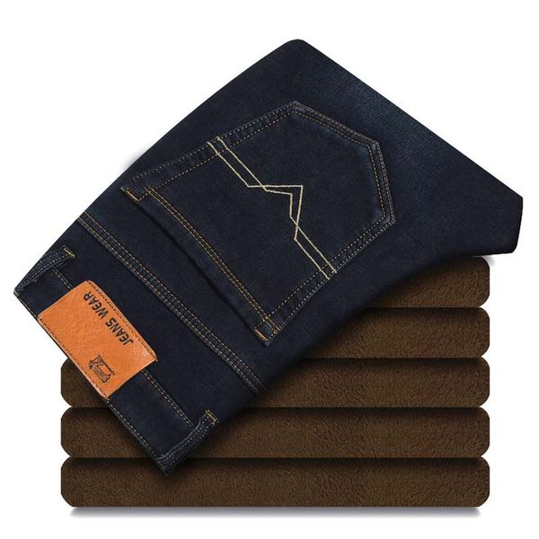 

winter brand clothing men's business casual jeans plus velvet thick warm elastic slim fashion jeans blue black