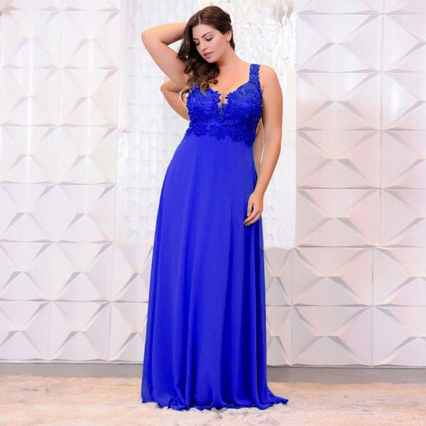 

royal blue beaded plus size prom dresses v neck lace appliqued evening gowns a line chiffon floor length formal dress, Black