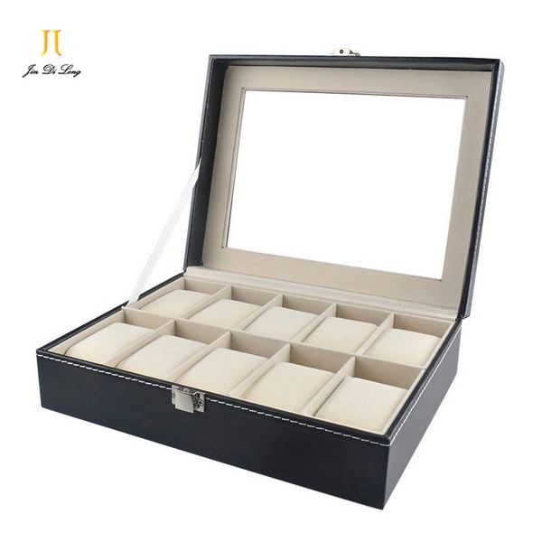 

new hand made black pu leather watch cas10 grid watch case flannelette pillow box for watches organizer storagebox, Black;blue