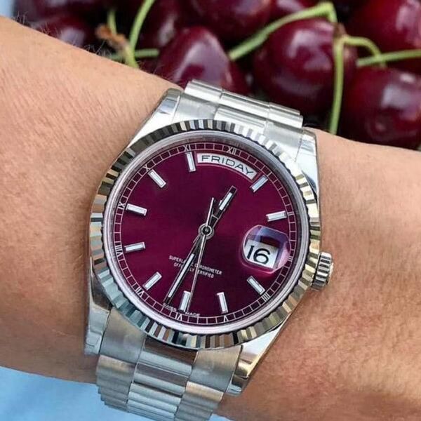 

silver case men's watch date 41mm 118206 cherry color dial automatic mens watch stainless steel bracelet gents new watches, Slivery;brown