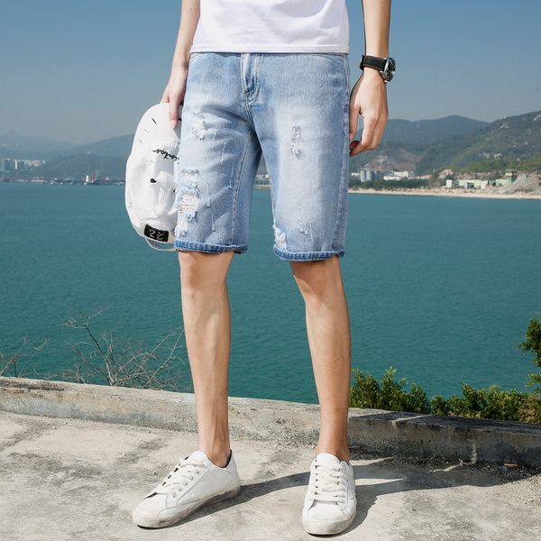 

korean version hole cat beads five points jeans shorts men's fashion style summer men's five pants personal ripped men jean shorts, Blue
