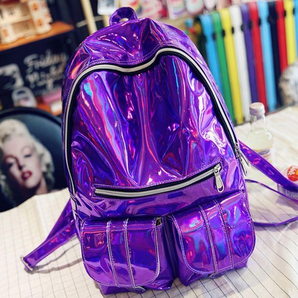 

pinshang fashion backpack leisure pu laser backpack large capacity brilliant double shoulder bag for women and man zk40
