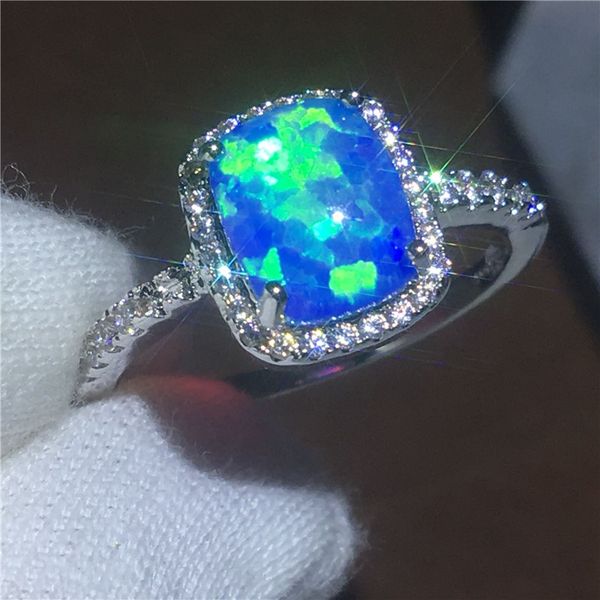 Anello fatto a mano per gli amanti dell'anniversario Blue Opal Cz White Gold Filled Party fedi nuziali per le donne Regalo di gioielli da uomo