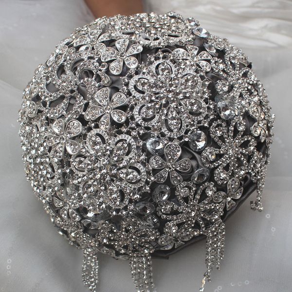 Graue Kristall-Hochzeits-Strass-Brosche, Braut-Brautstrauß, Satin-Blume, 18 cm, Neuankömmling, Hochzeitszubehör243I