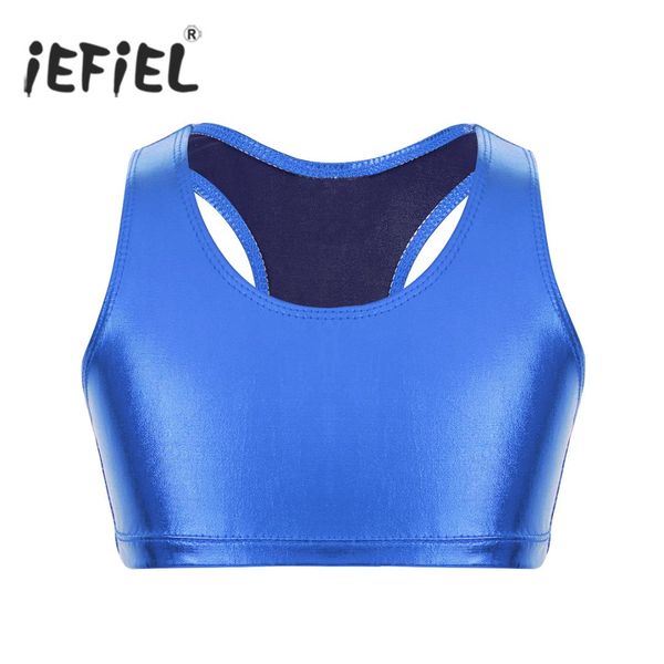 

kids dance girls shiny metallic sleeveless racer back crop for ballet stage performance party dance class exercise, Black;red