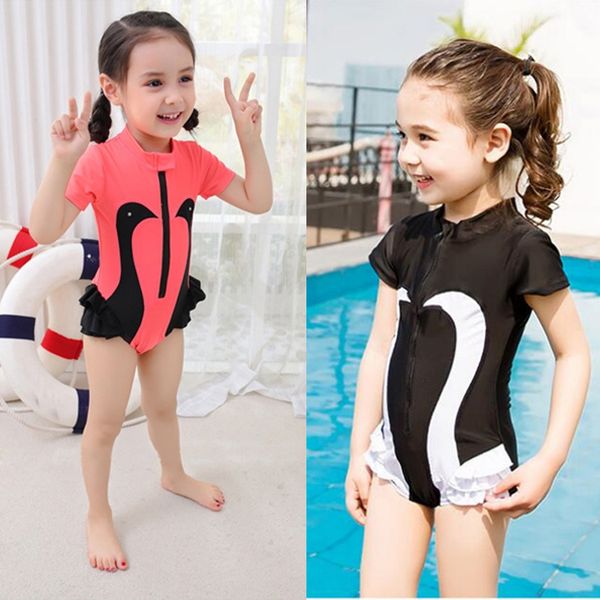 

kids swimwear 2-7t baby girls swimsuit swan one-pieces swim suit with caps swan zipper cartoon printing swimsuit swan bathing suits la788, Black